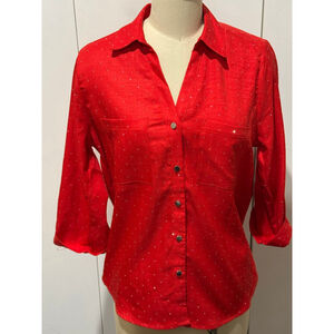 Women's Spin Red Sparkle Button Down roll tab 3/4 sleeves Shirt S